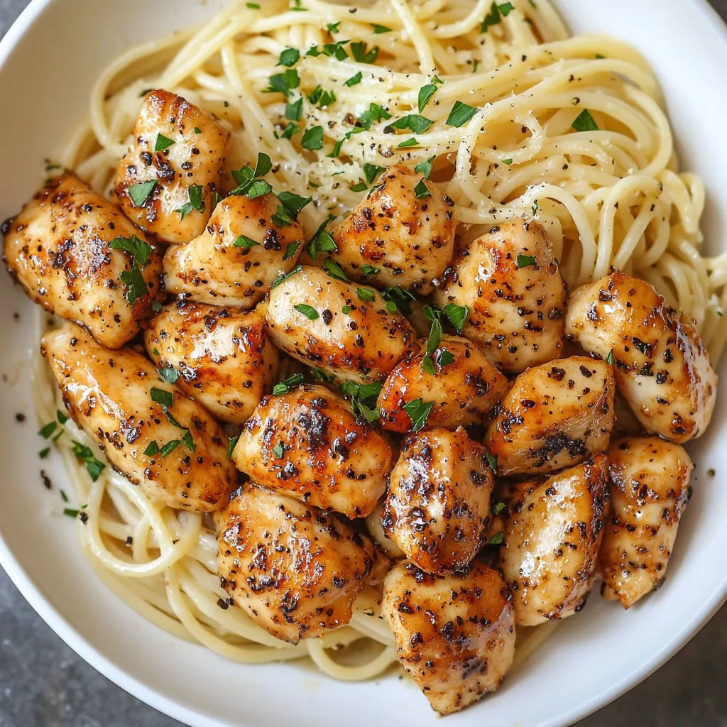 A bowl of chicken and spaghetti.