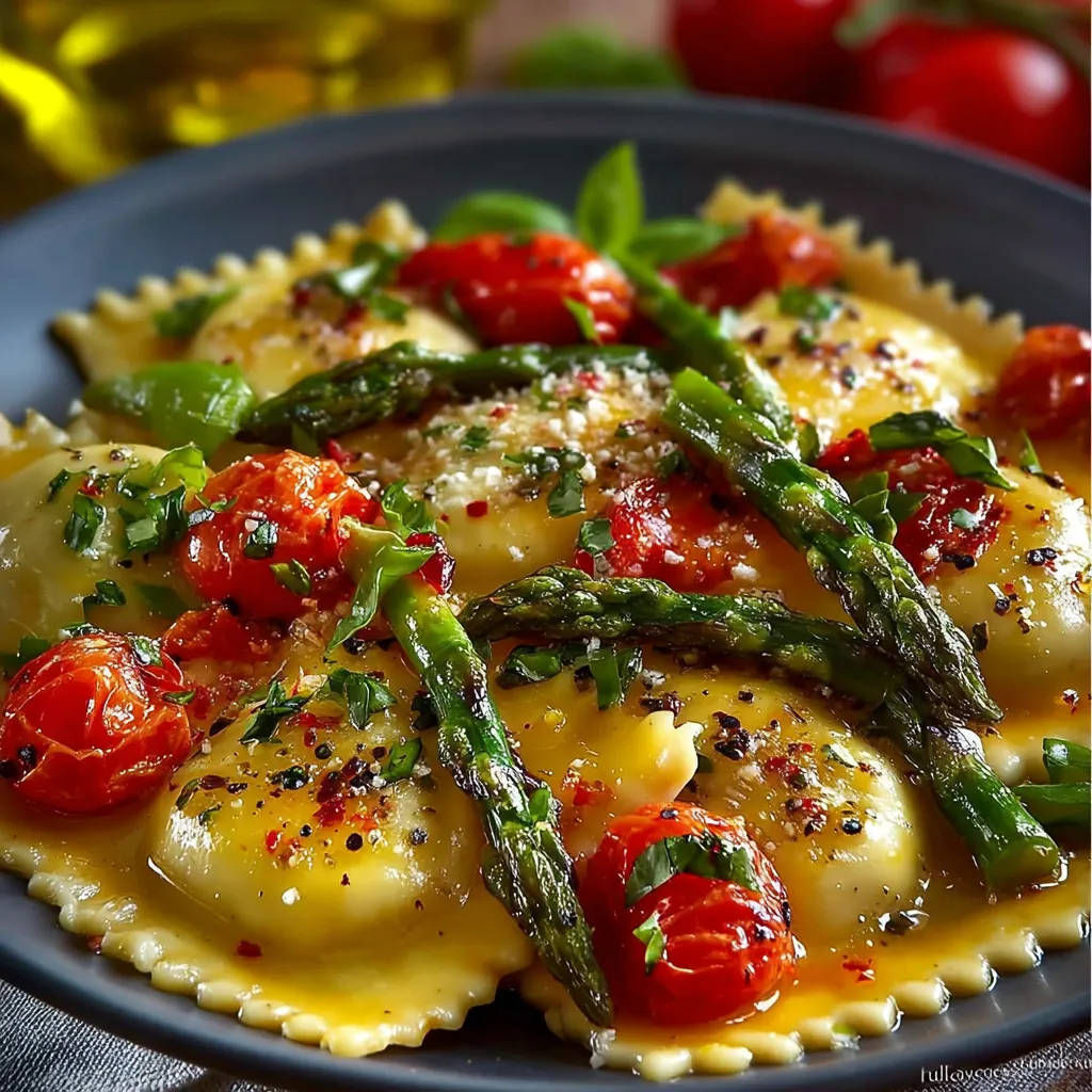 Ravioli with Tomatoes, Asparagus, Garlic, and Herbs