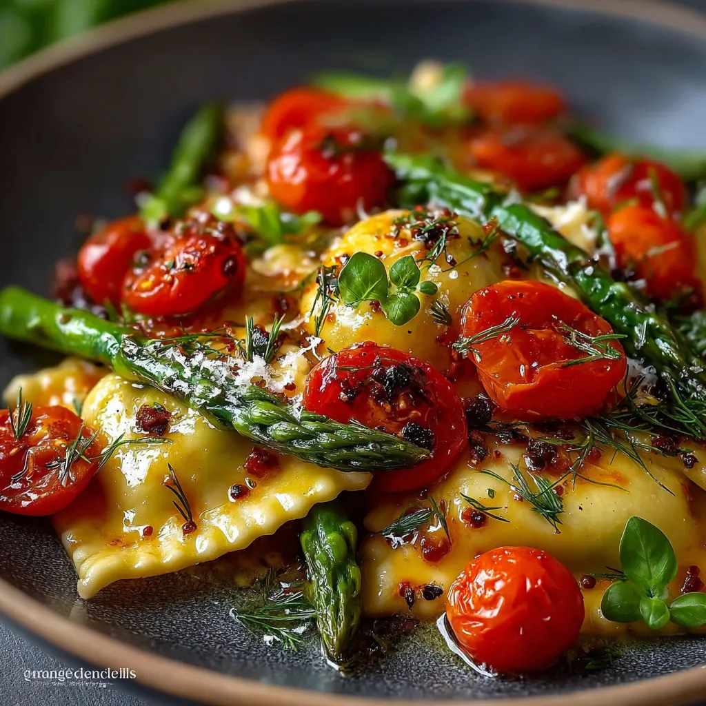 Ravioli with Tomatoes, Asparagus, Garlic, and Herbs
