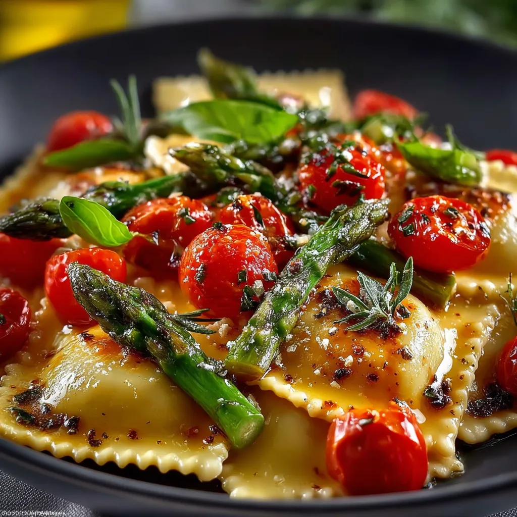 Ravioli with Tomatoes, Asparagus, Garlic, and Herbs