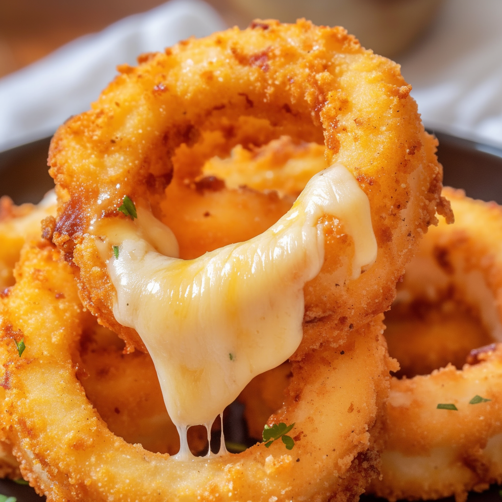 A cheese covered onion ring.