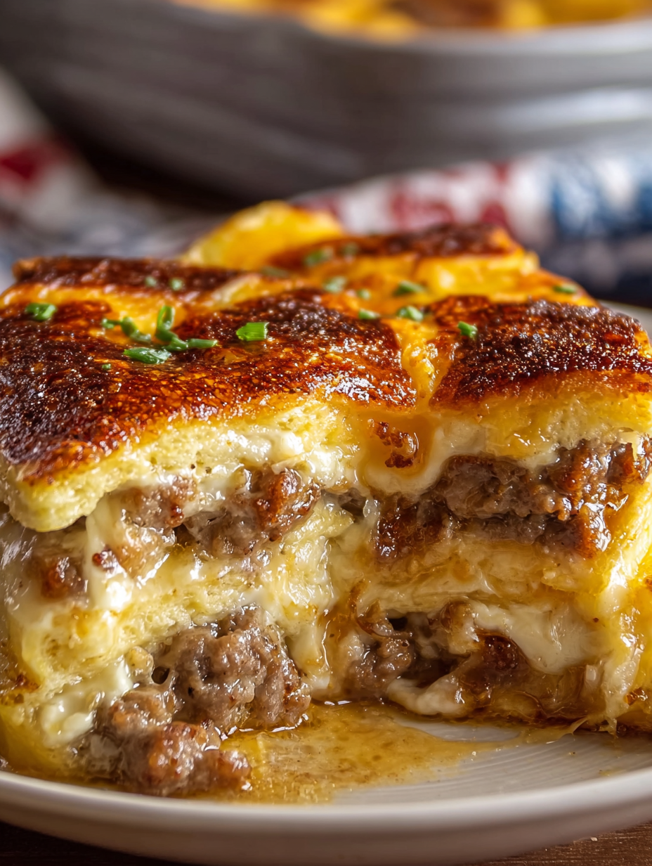 A slice of meat pie with cheese.