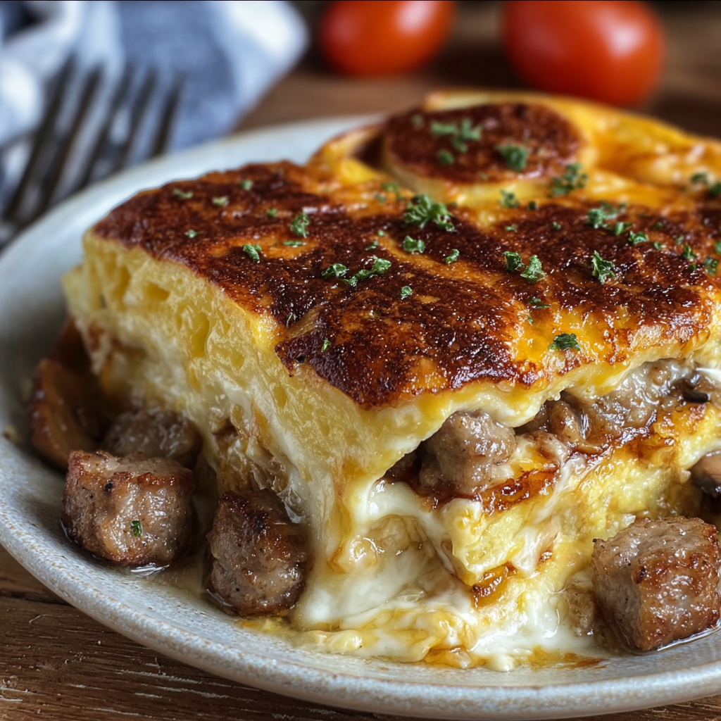 A plate of food with sausage and tomatoes.