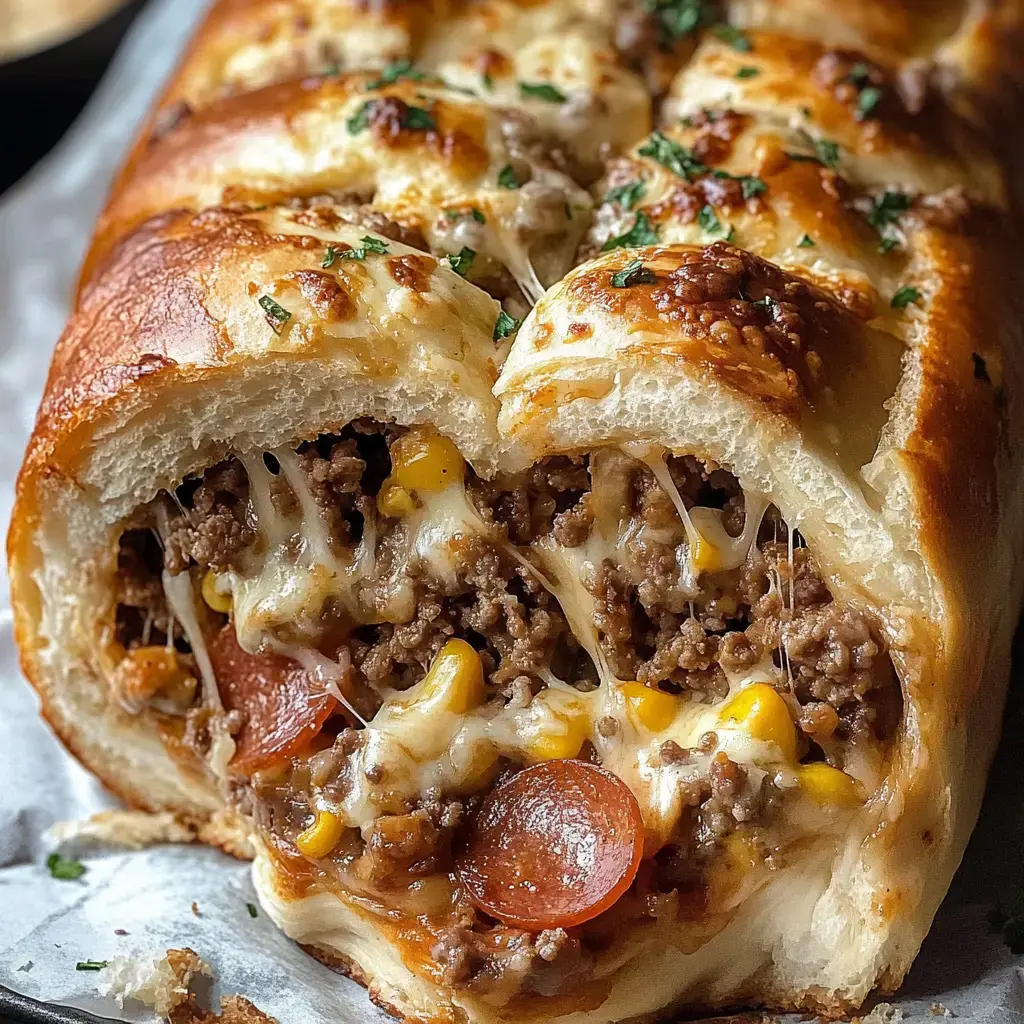 A gooey bread roll stuffed with ground beef, cheese, corn, and pepperoni, sprinkled with herbs.