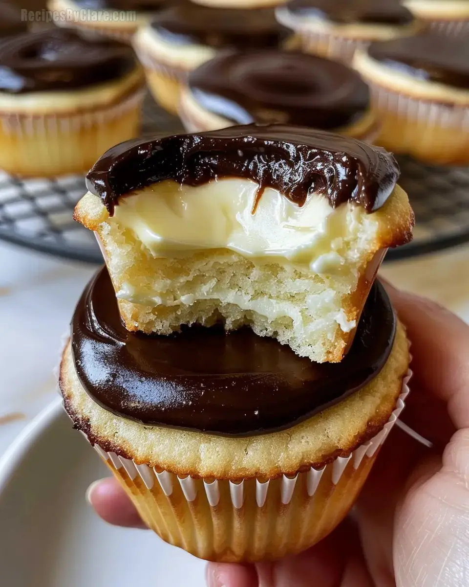 Mini cream-filled treats topped with shiny chocolate coating