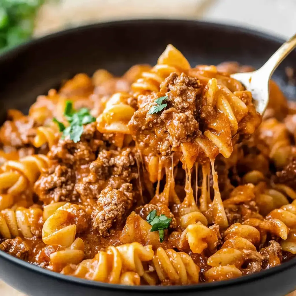 A serving of spiral pasta mixed with ground meat in a rich tomato sauce, garnished with fresh herbs, is shown being lifted from a black bowl.