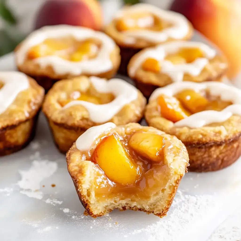 A plate of peach tarts with a bite taken out of one, featuring a flaky crust, peach filling, and a drizzle of icing.