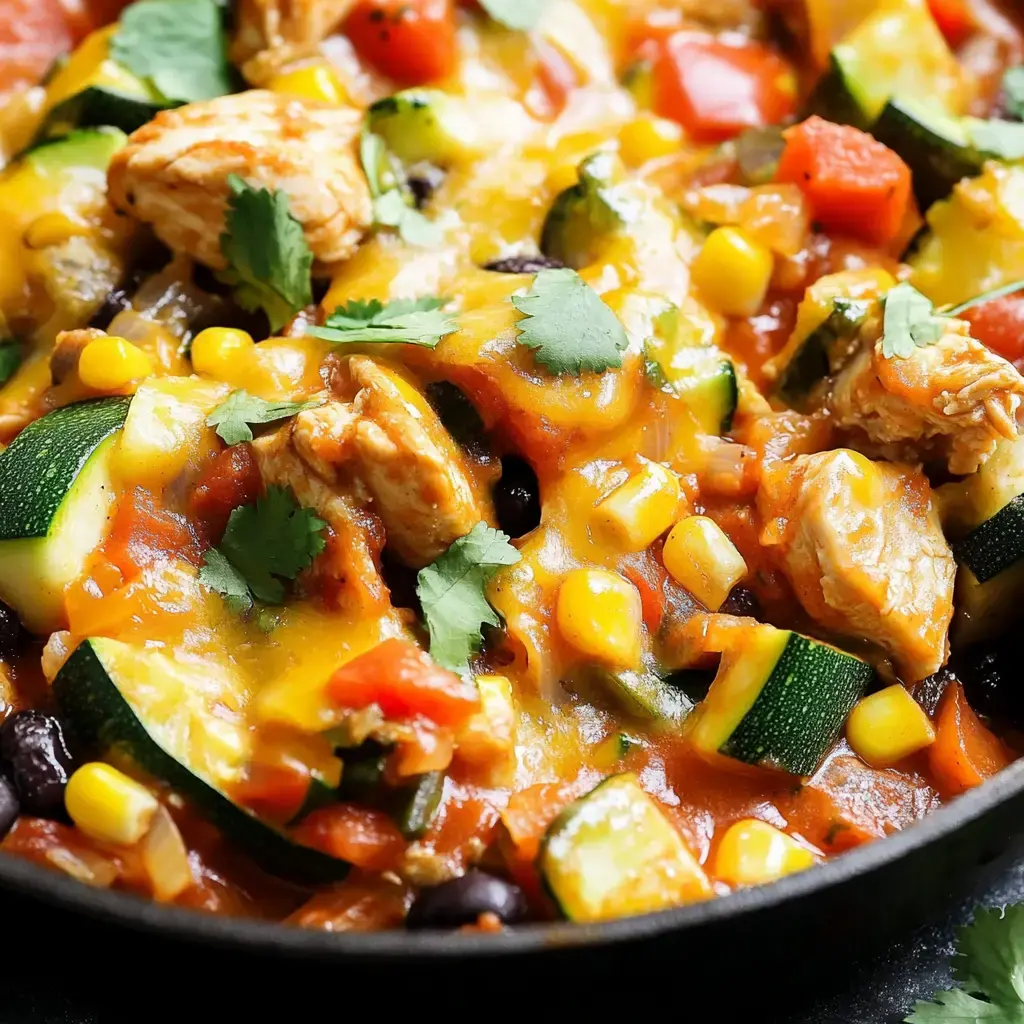 A close-up of a colorful, cheesy dish featuring chicken, zucchini, corn, black beans, and diced tomatoes, garnished with fresh cilantro.