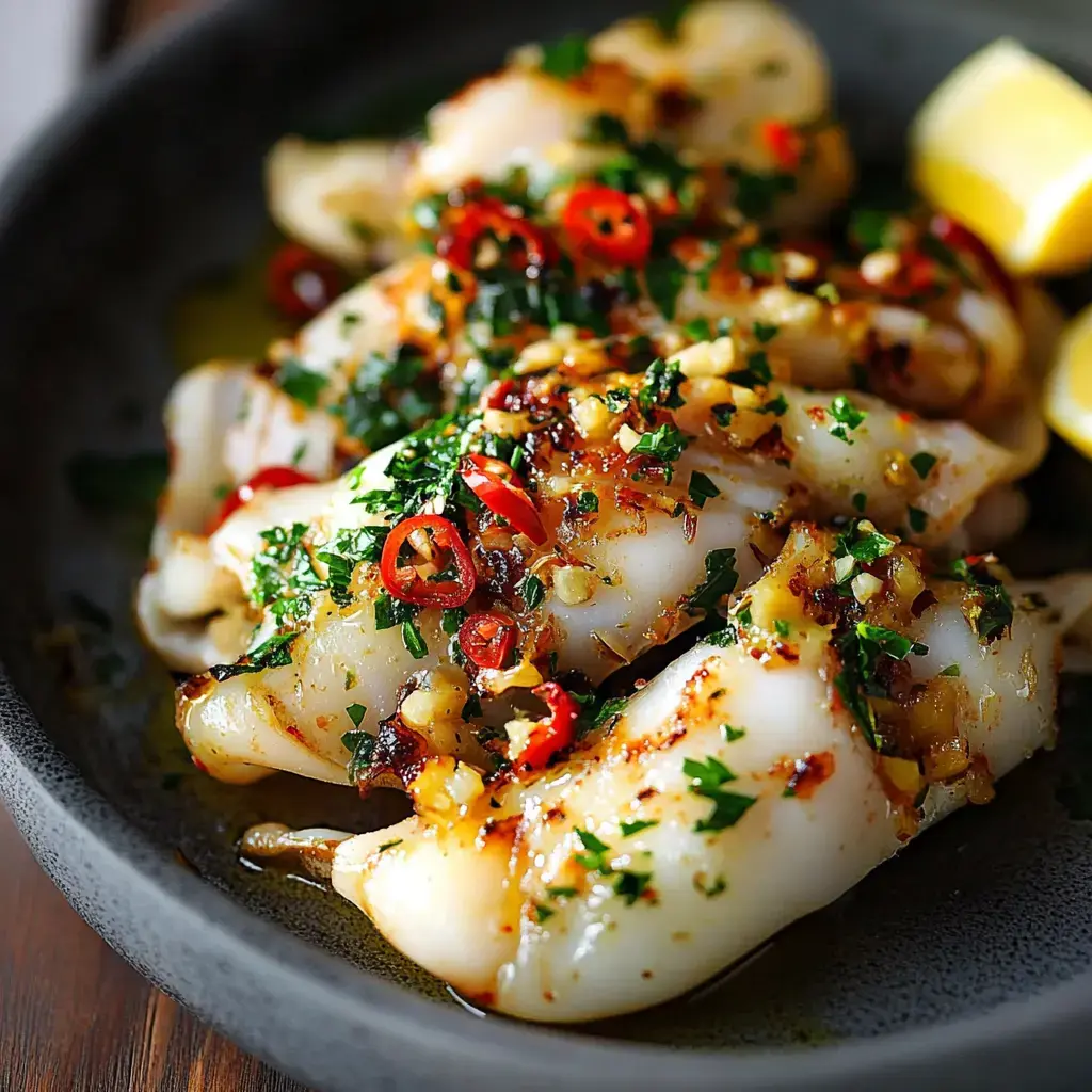 Grilled squid is topped with chopped herbs, garlic, and red chilies, served with lemon wedges on a dark plate.