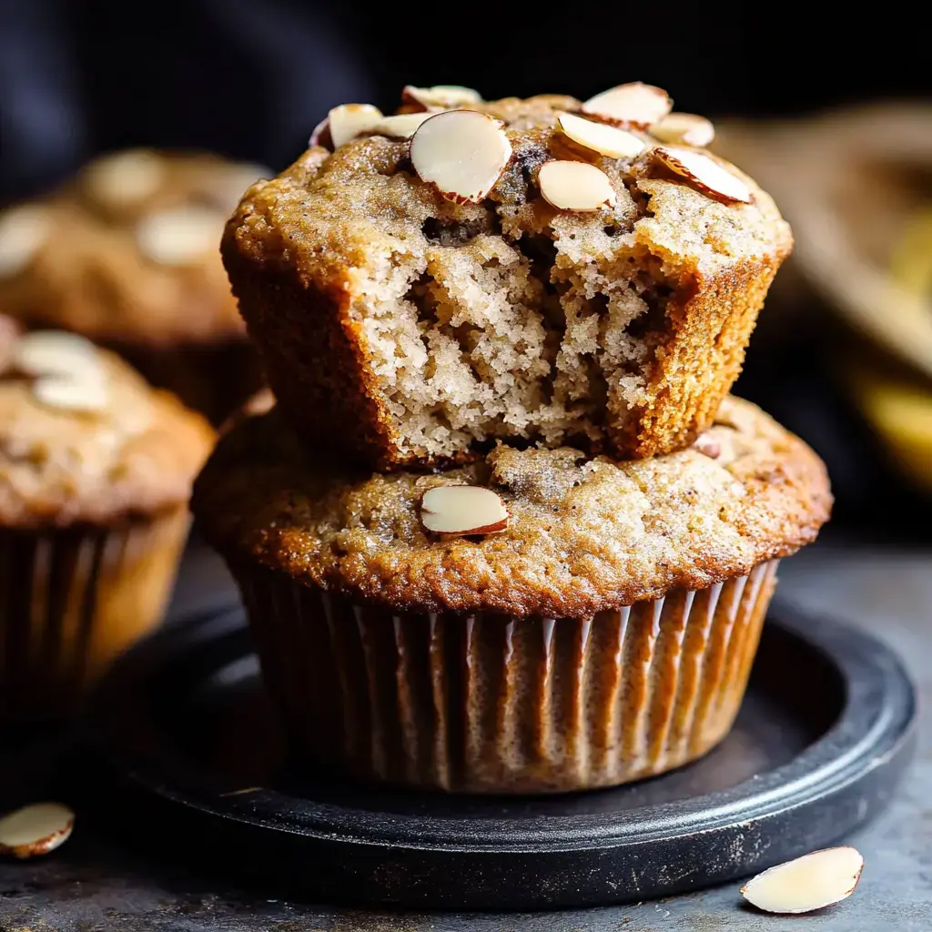 A close-up of two almond-topped muffins, one partially broken to reveal its soft interior, sitting on a black plate.