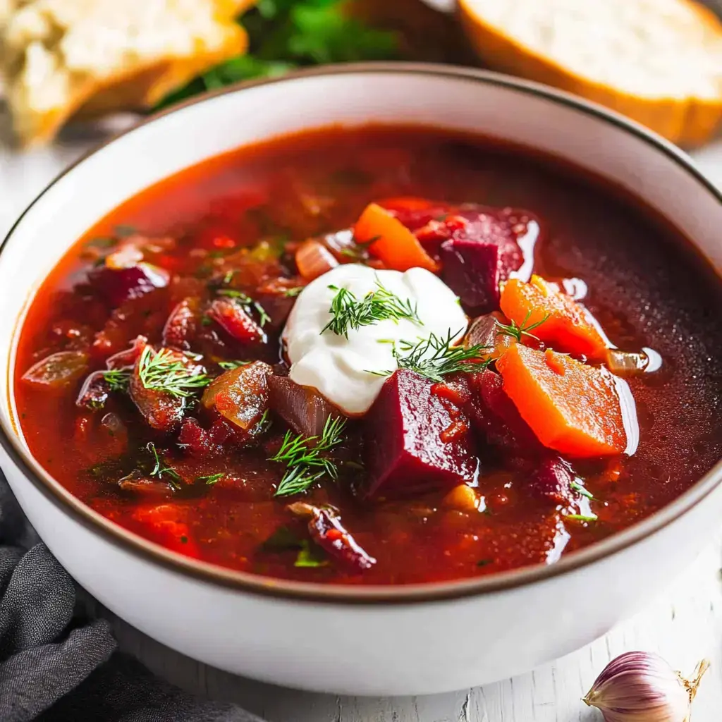 A bowl of vibrant beet soup garnished with sour cream and fresh dill, accompanied by sliced bread and a garlic clove.