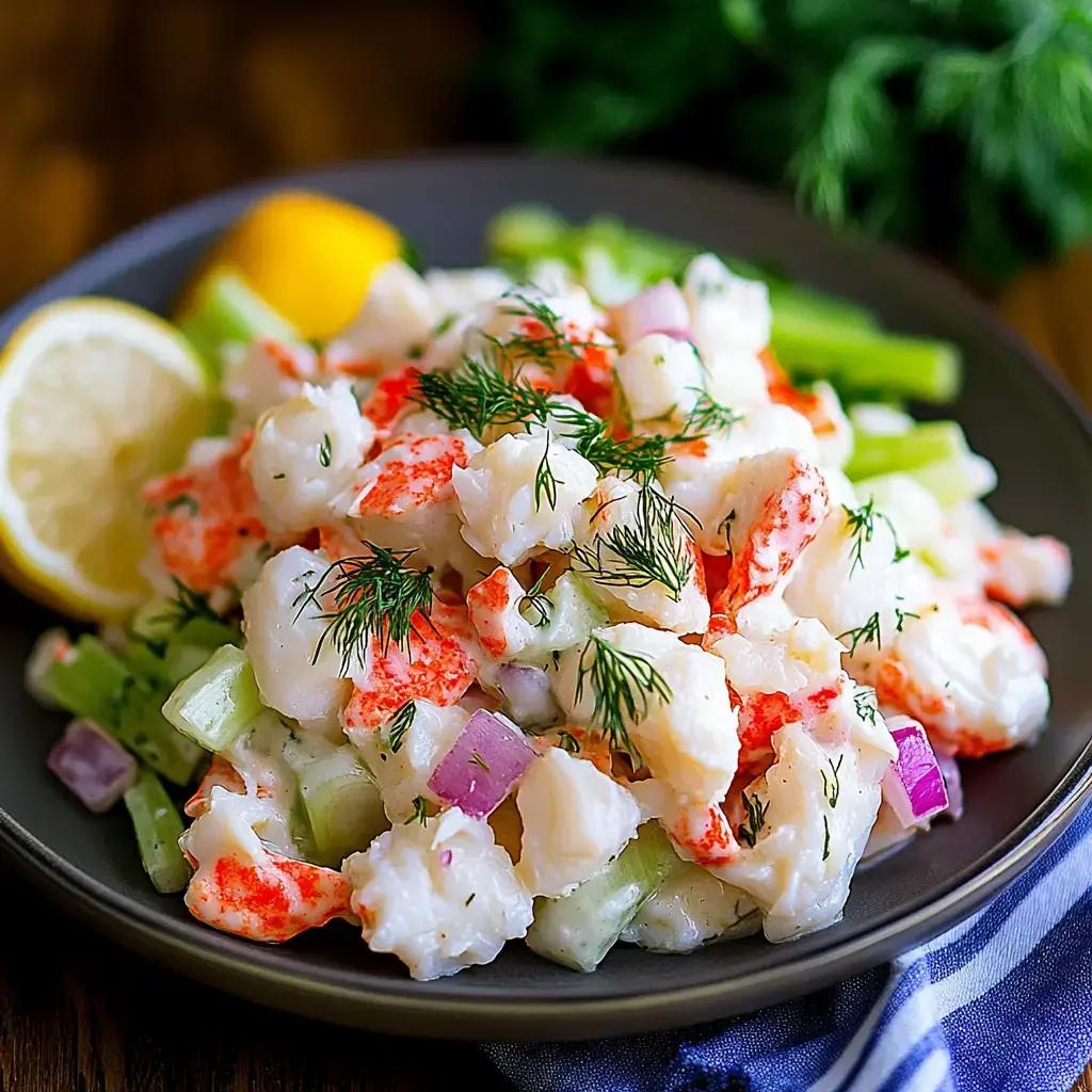 A plate of seafood salad featuring chunks of white fish, lobster, celery, and red onion, garnished with fresh dill and served with lemon wedges.