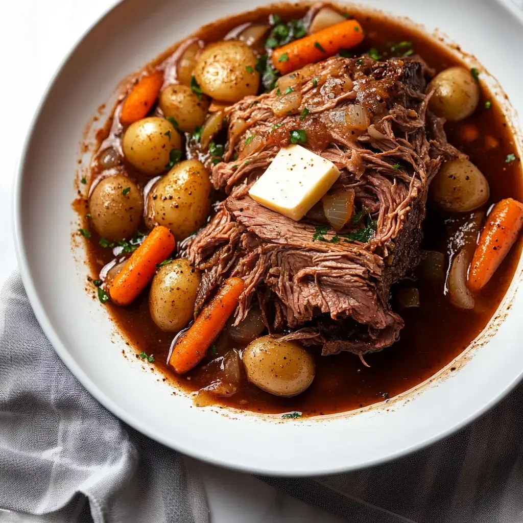 A serving of tender, shredded beef with carrots and baby potatoes in a rich gravy, topped with a pat of butter and garnished with herbs.