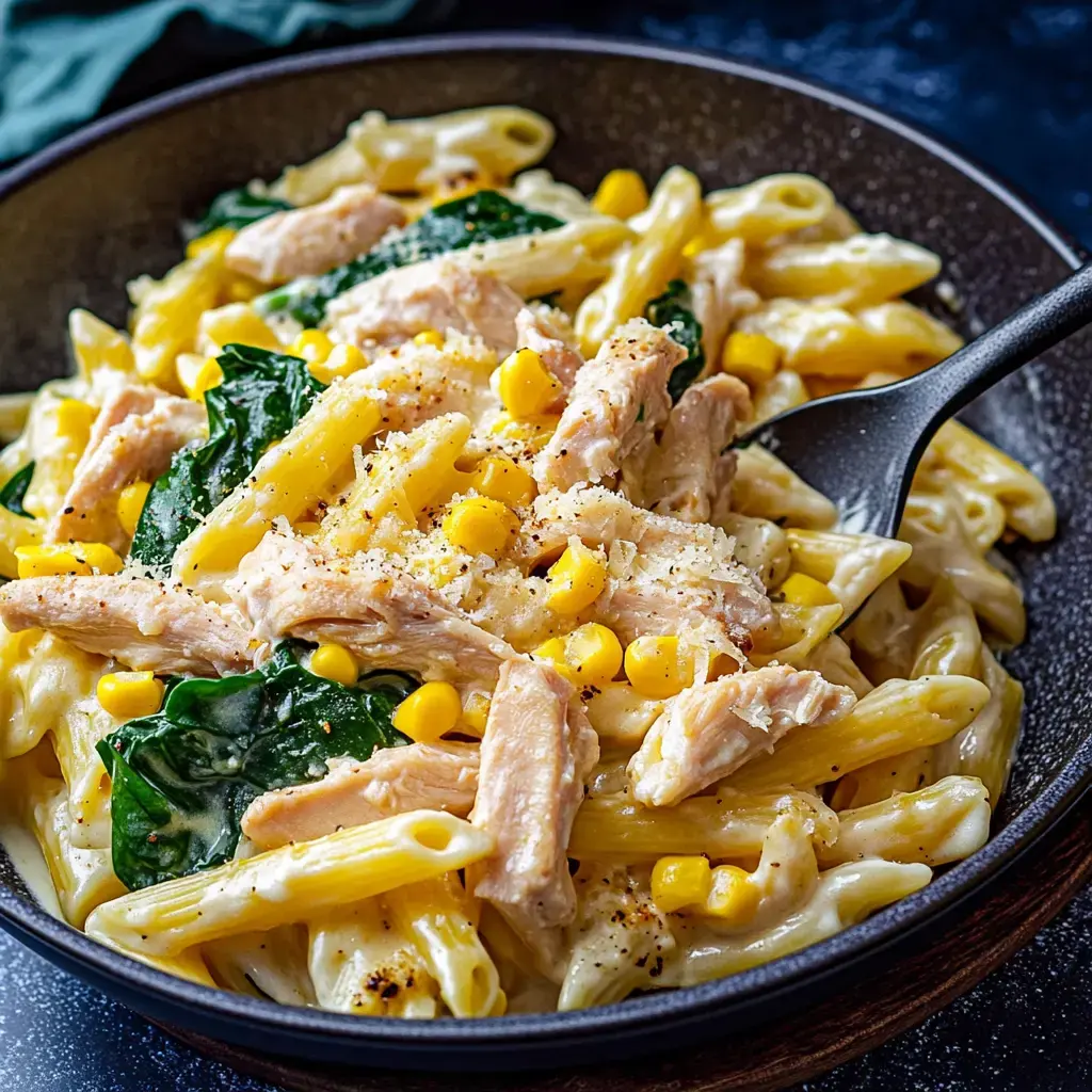 A bowl of creamy pasta featuring penne, shredded chicken, corn, and spinach, garnished with cheese and pepper.