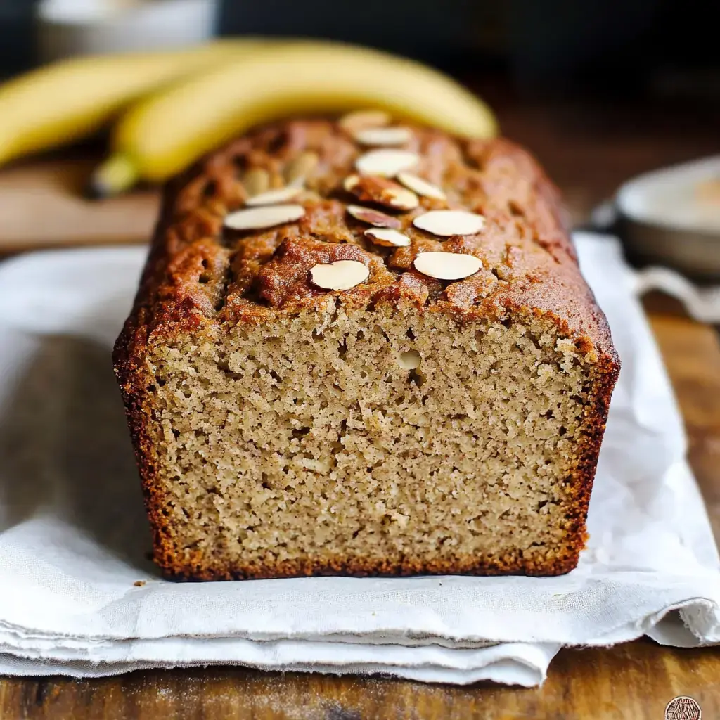 A freshly baked banana bread loaf is showcased on a cloth, topped with sliced almonds, with bananas in the background.