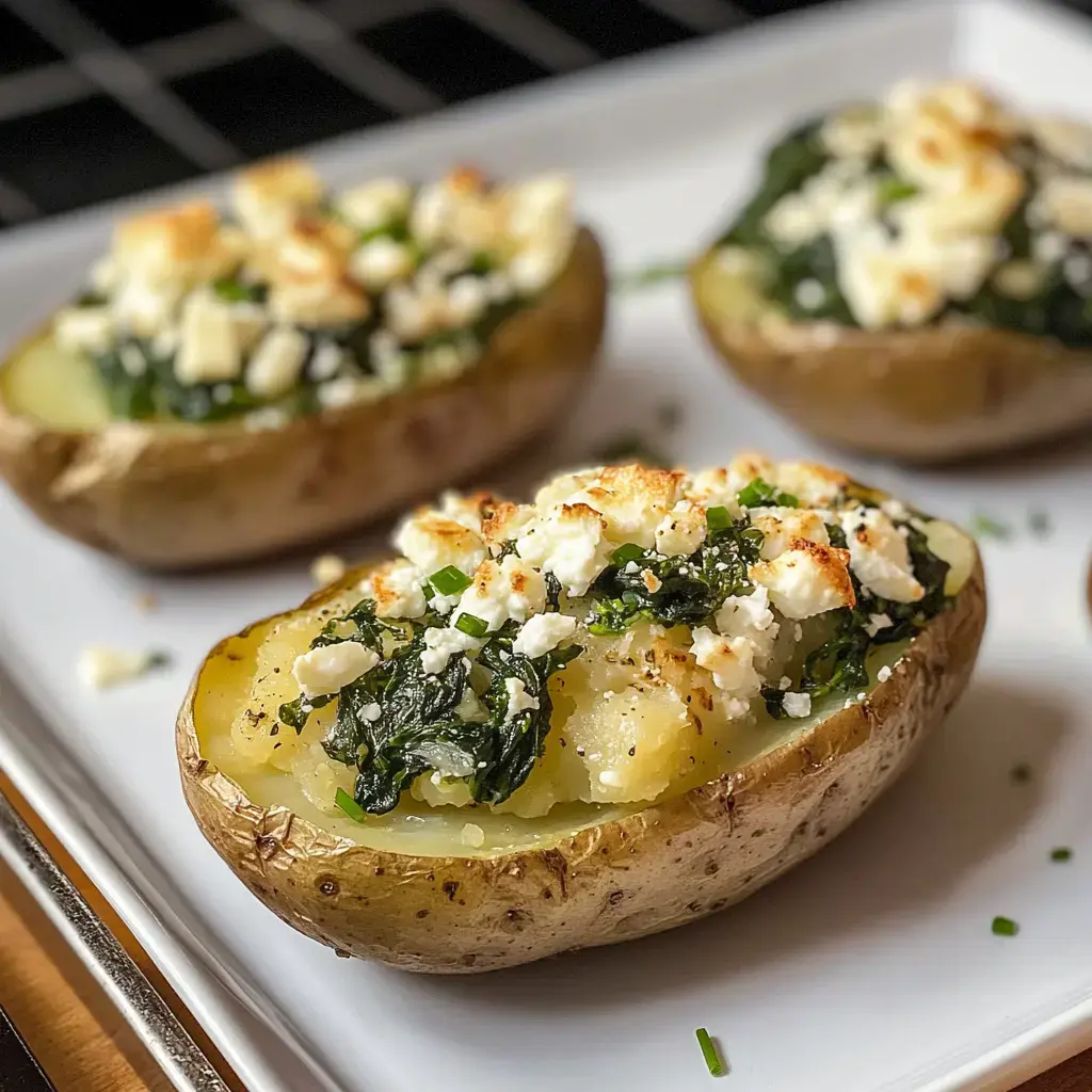 Baked potatoes are filled with sautéed spinach and topped with crumbled feta cheese, served on a white plate.