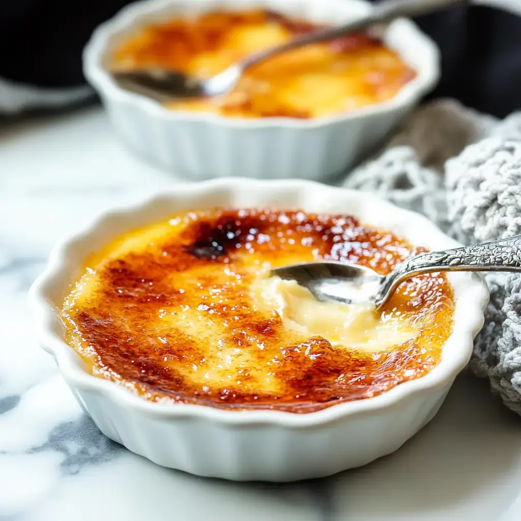 Two white ramekins of crème brûlée, one with a spoon resting on top and a portion scooped out, are placed on a marble surface.