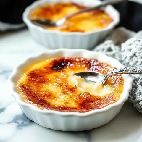 Two white ramekins of crème brûlée, one with a spoon resting on top and a portion scooped out, are placed on a marble surface.