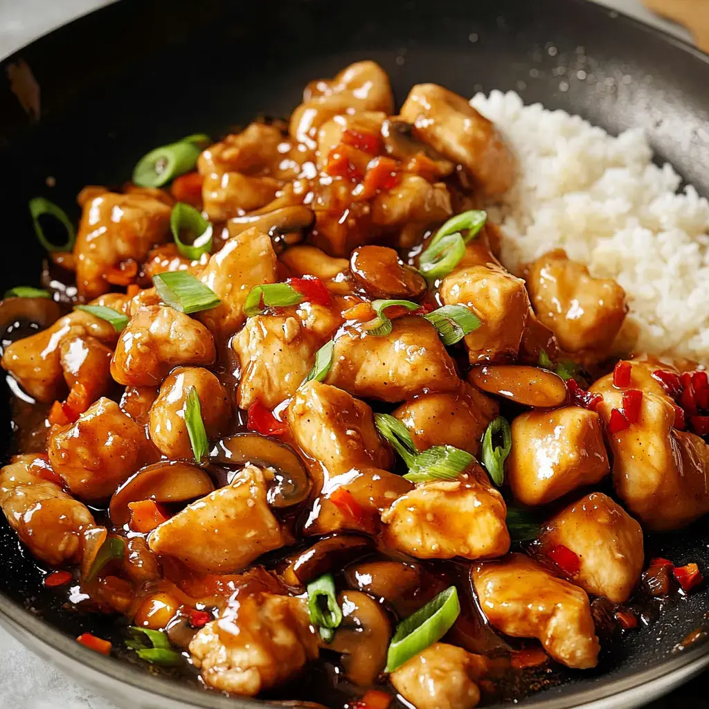 A close-up view of chicken pieces in a savory sauce with sliced green onions and red peppers, served alongside fluffy white rice in a black skillet.