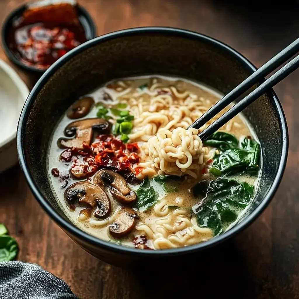 A bowl of ramen with noodles, mushrooms, spinach, and chili flakes, being held with chopsticks.