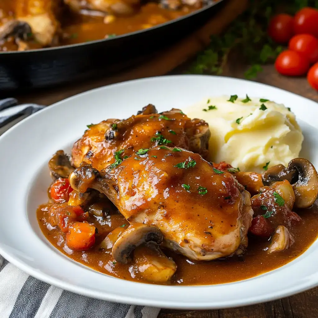 A plate of chicken thighs topped with a savory sauce and accompanied by mashed potatoes and mixed vegetables.