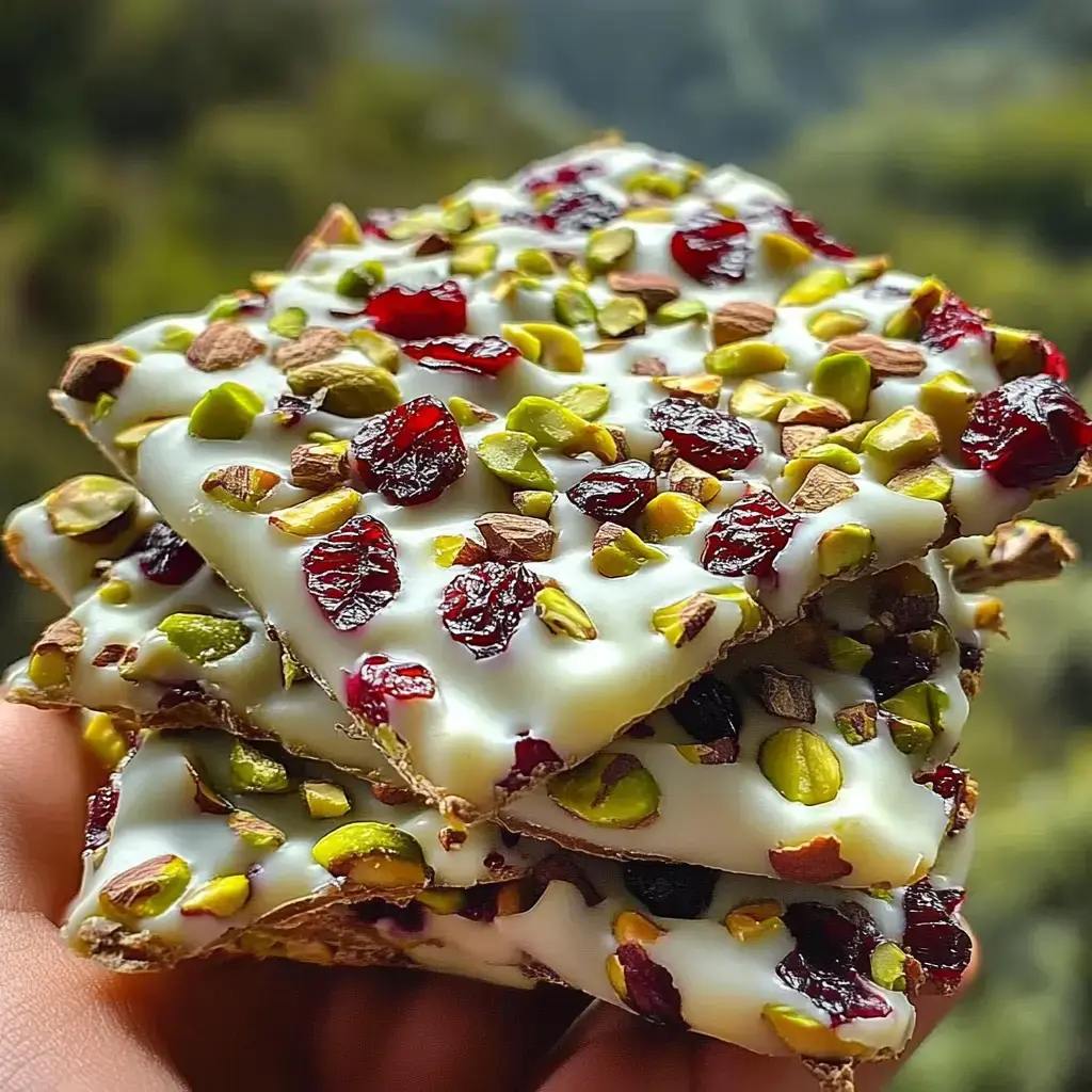 A hand holding stacked pieces of chocolate bark topped with white chocolate, pistachios, and cranberries.