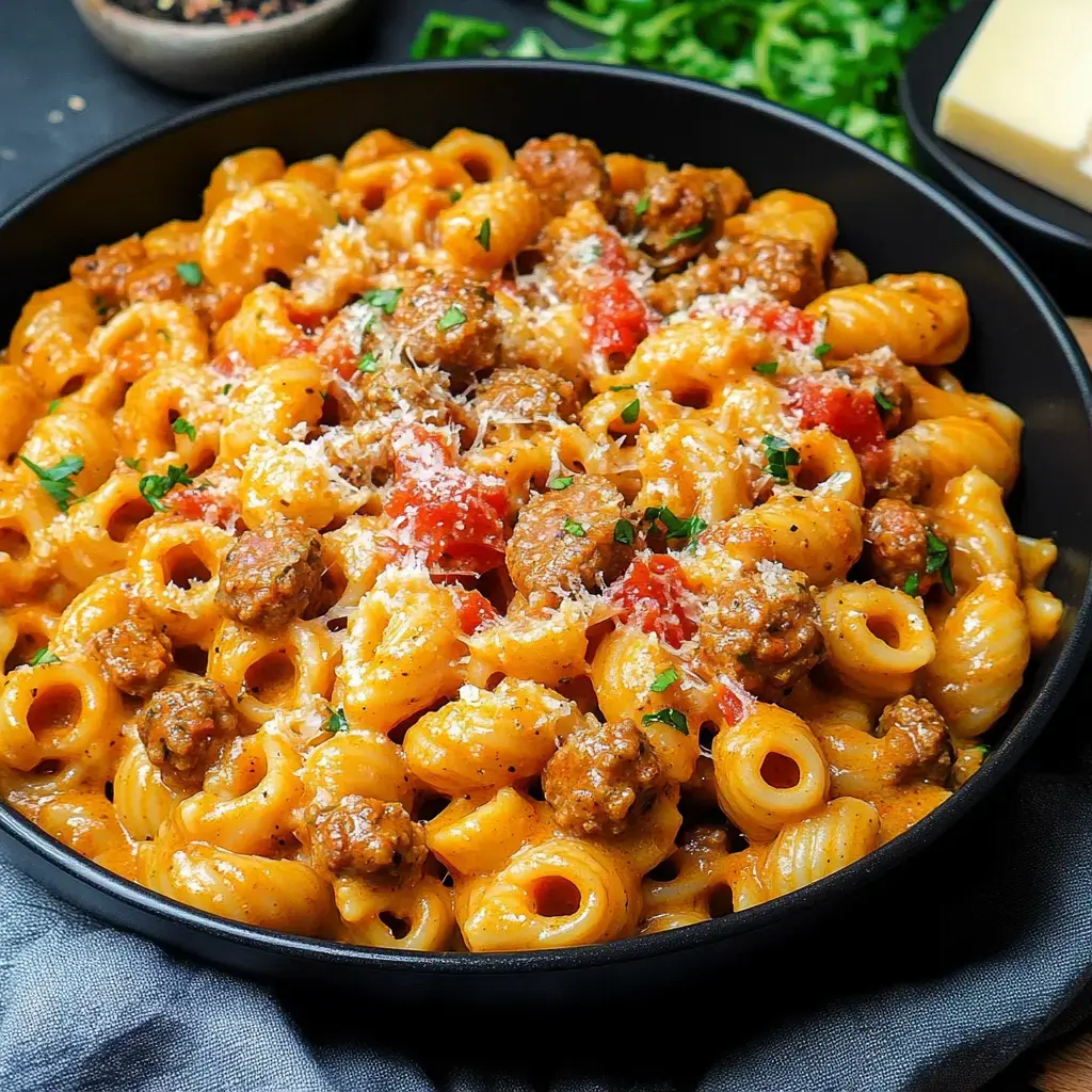 A close-up view of a black bowl filled with creamy pasta, meatballs, diced tomatoes, and grated cheese, garnished with parsley.