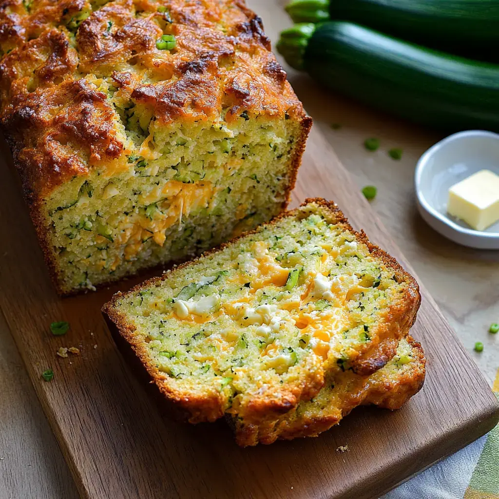 A loaf of zucchini cheddar bread is sliced on a wooden board, revealing its moist interior with chunks of cheese, accompanied by fresh zucchini and a small dish of butter.