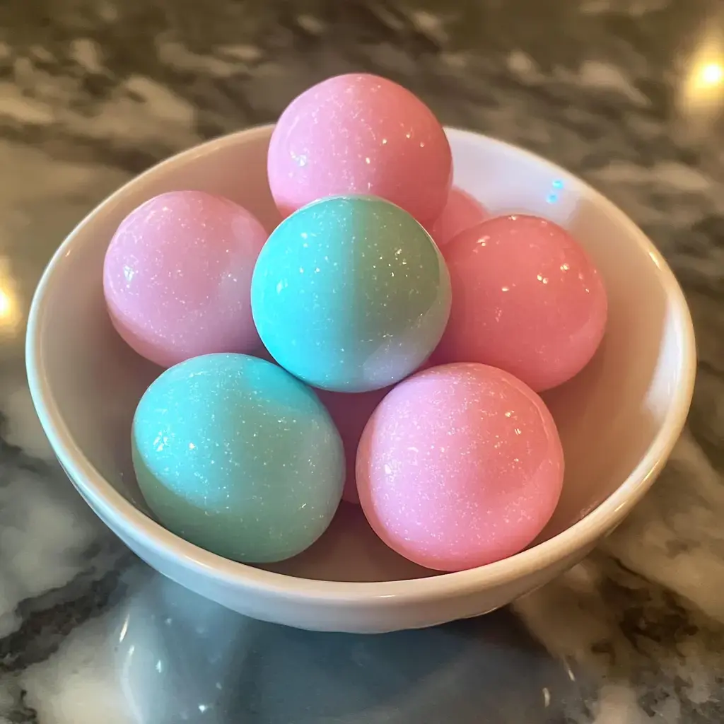 A small white bowl filled with pastel pink and blue glossy spheres arranged in a playful manner.