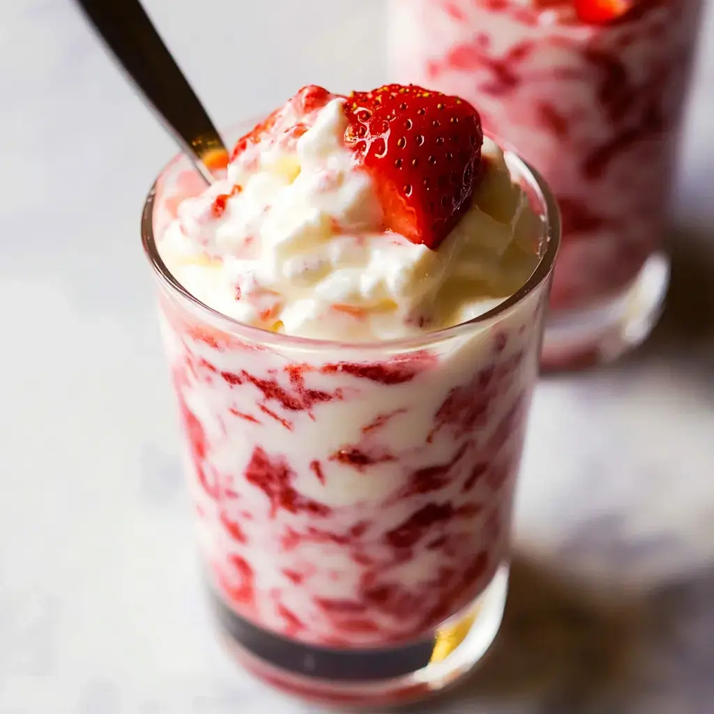 A glass dessert featuring layers of whipped cream and strawberry puree, topped with a fresh strawberry.