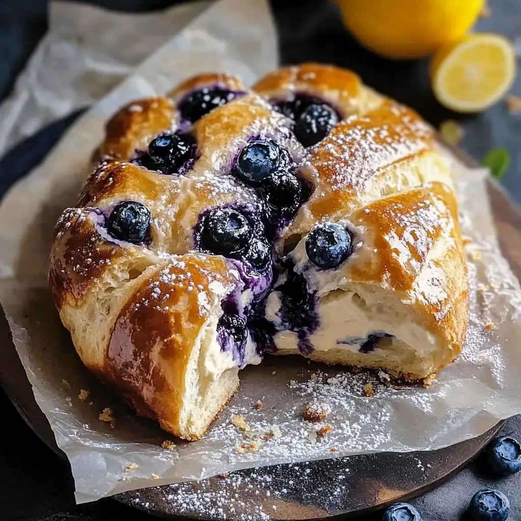 A golden pastry filled with cream and blueberries, dusted with powdered sugar, served on parchment paper with a lemon in the background.