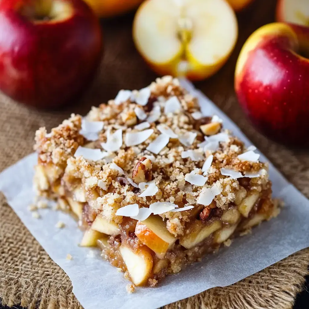 A slice of apple crumble dessert topped with coconut flakes, surrounded by fresh apples on a textured surface.