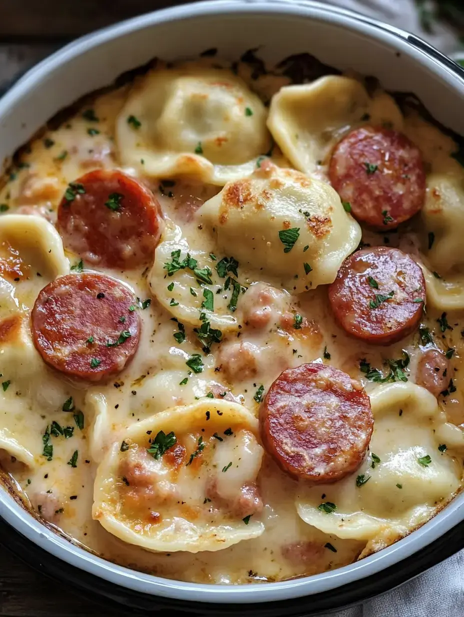 A creamy baked dish featuring stuffed pasta, topped with slices of pepperoni and garnished with parsley.