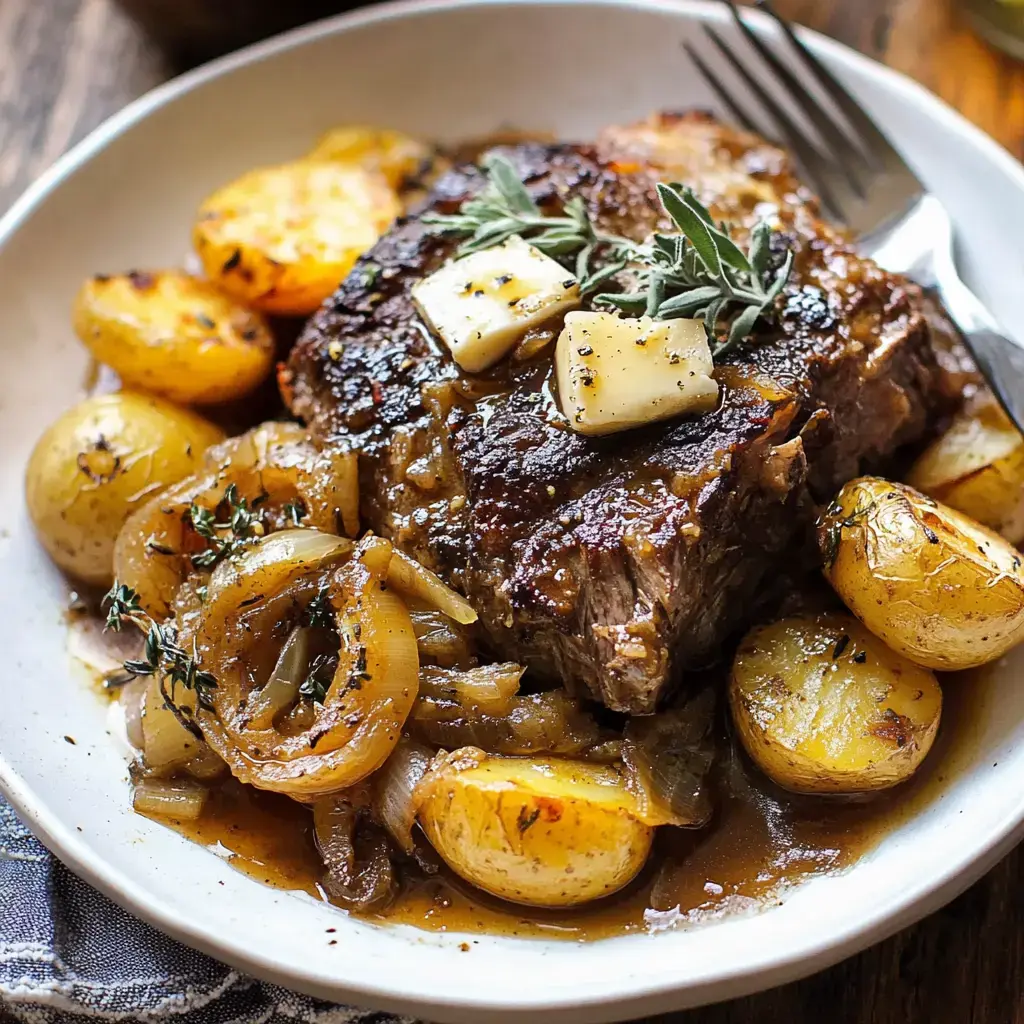 A plate of succulent beef roast garnished with butter and herbs, served alongside roasted potatoes and caramelized onions.