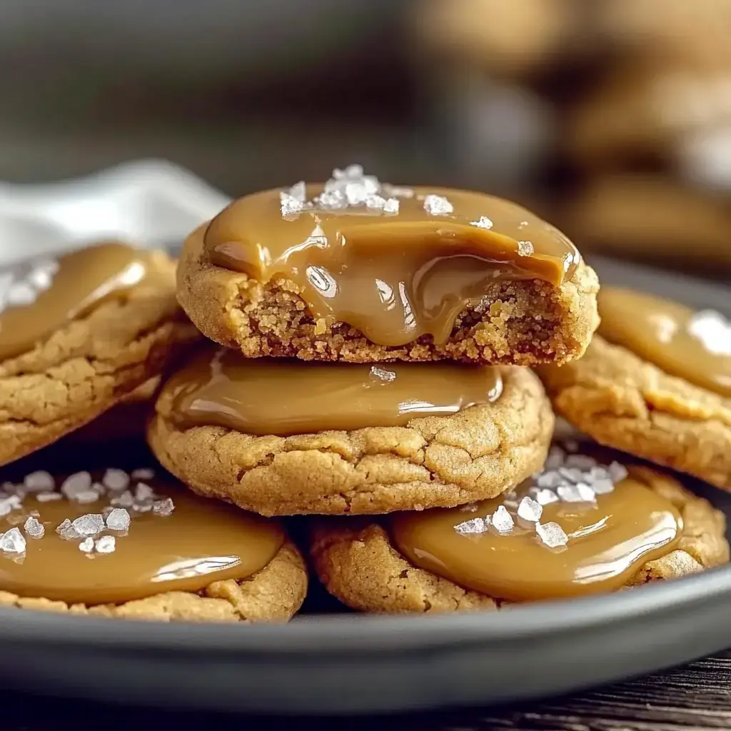 A plate of soft cookies topped with a glossy caramel drizzle and sprinkled with coarse sea salt, showcasing one cookie that has been bitten into.