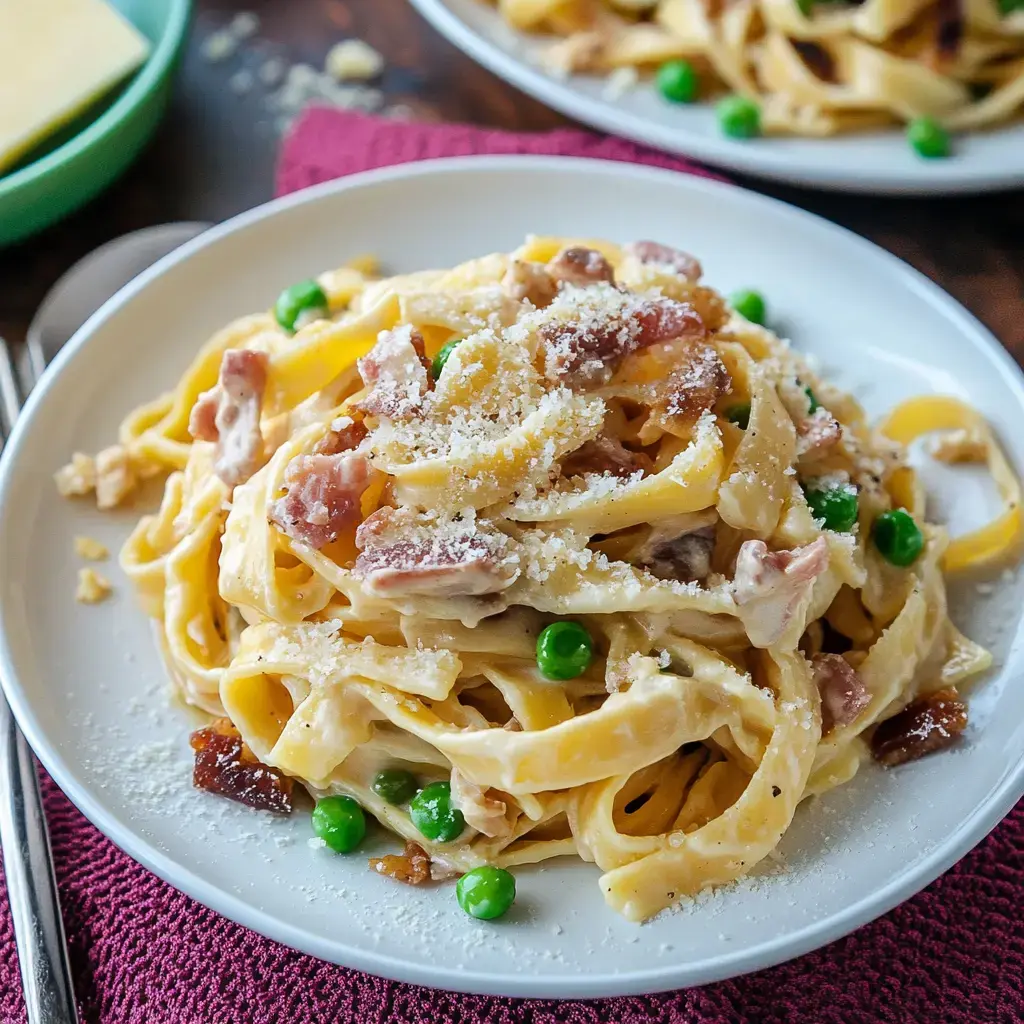 A plate of creamy pasta with bacon, peas, and grated parmesan cheese, served on a white dish with a purple cloth underneath.