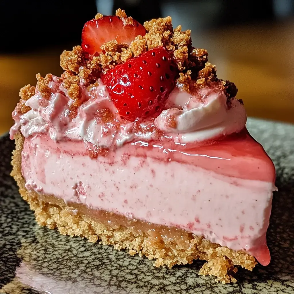 A slice of strawberry cheesecake topped with crushed cookies and fresh strawberries on a dark plate.