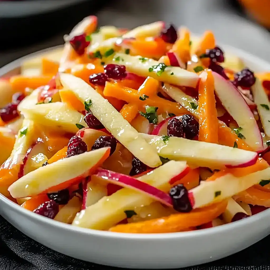 A colorful salad made with sliced apples, carrots, and cranberries, garnished with green herbs, served in a white bowl.