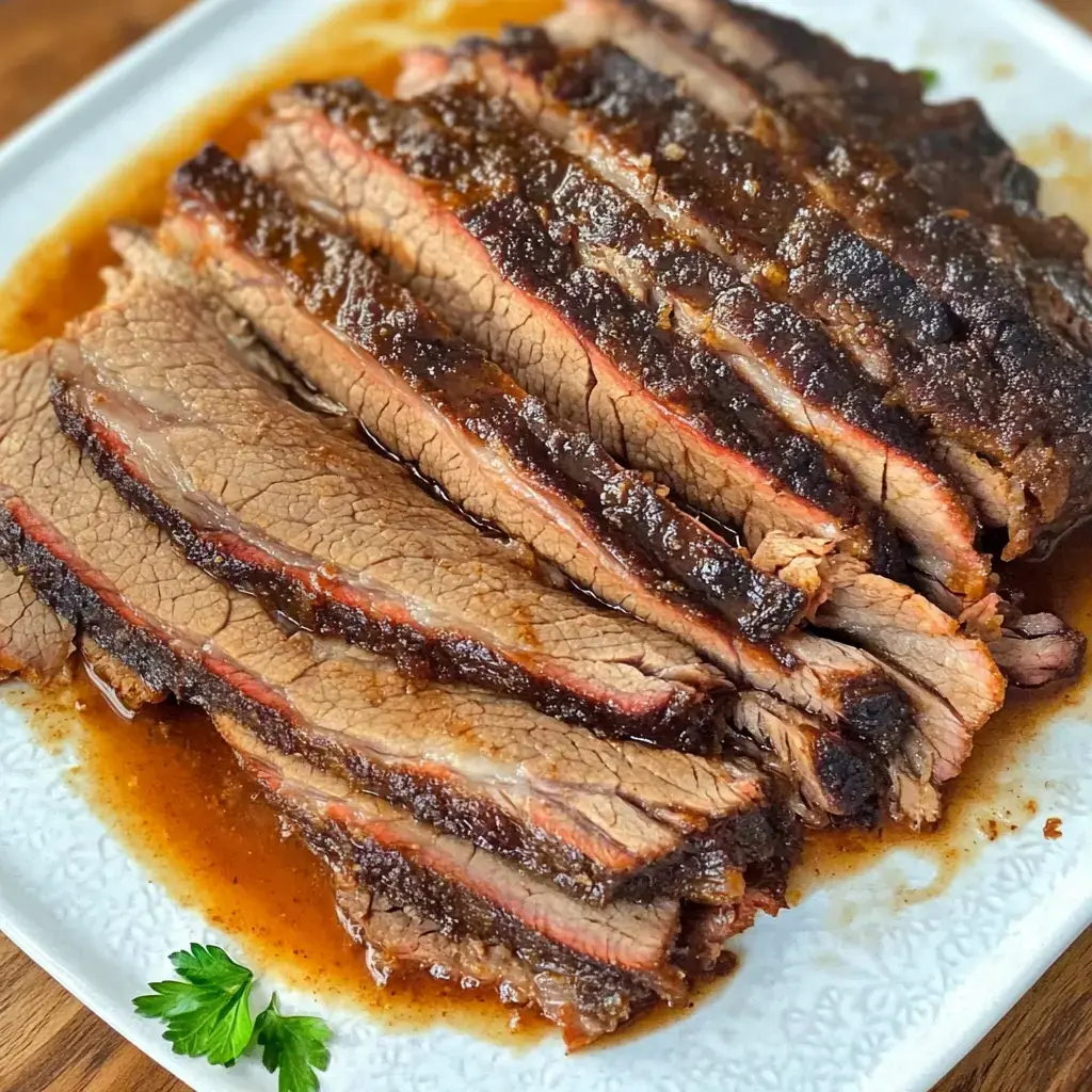 Sliced brisket resting in a savory sauce on a white platter, garnished with parsley.