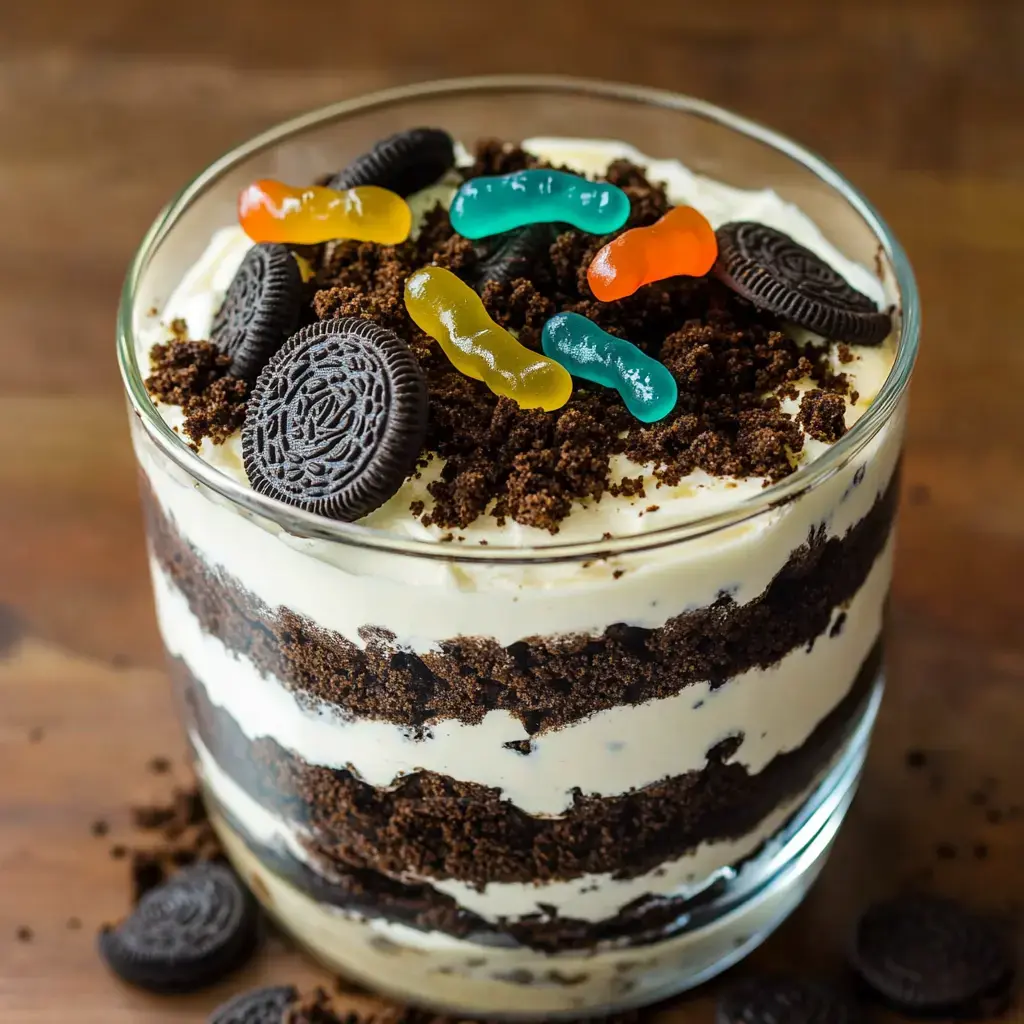 A layered dessert in a clear glass features chocolate cookie crumbs, creamy filling, and is topped with Oreos and colorful gummy worms.