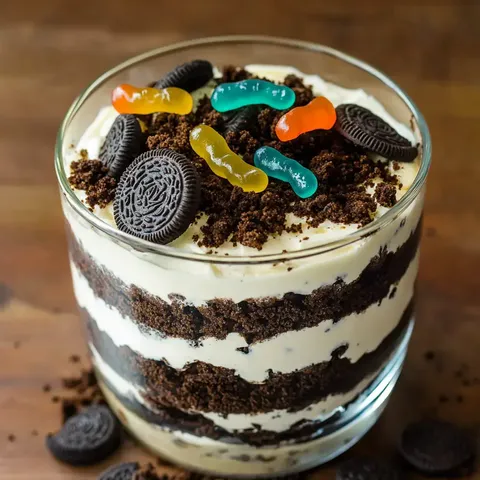A layered dessert in a clear glass features chocolate cookie crumbs, creamy filling, and is topped with Oreos and colorful gummy worms.
