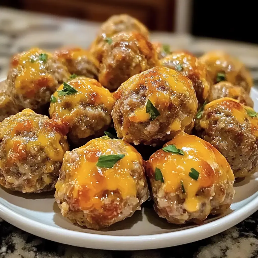 A plate of meatballs topped with melted cheese and sprinkled with fresh parsley.