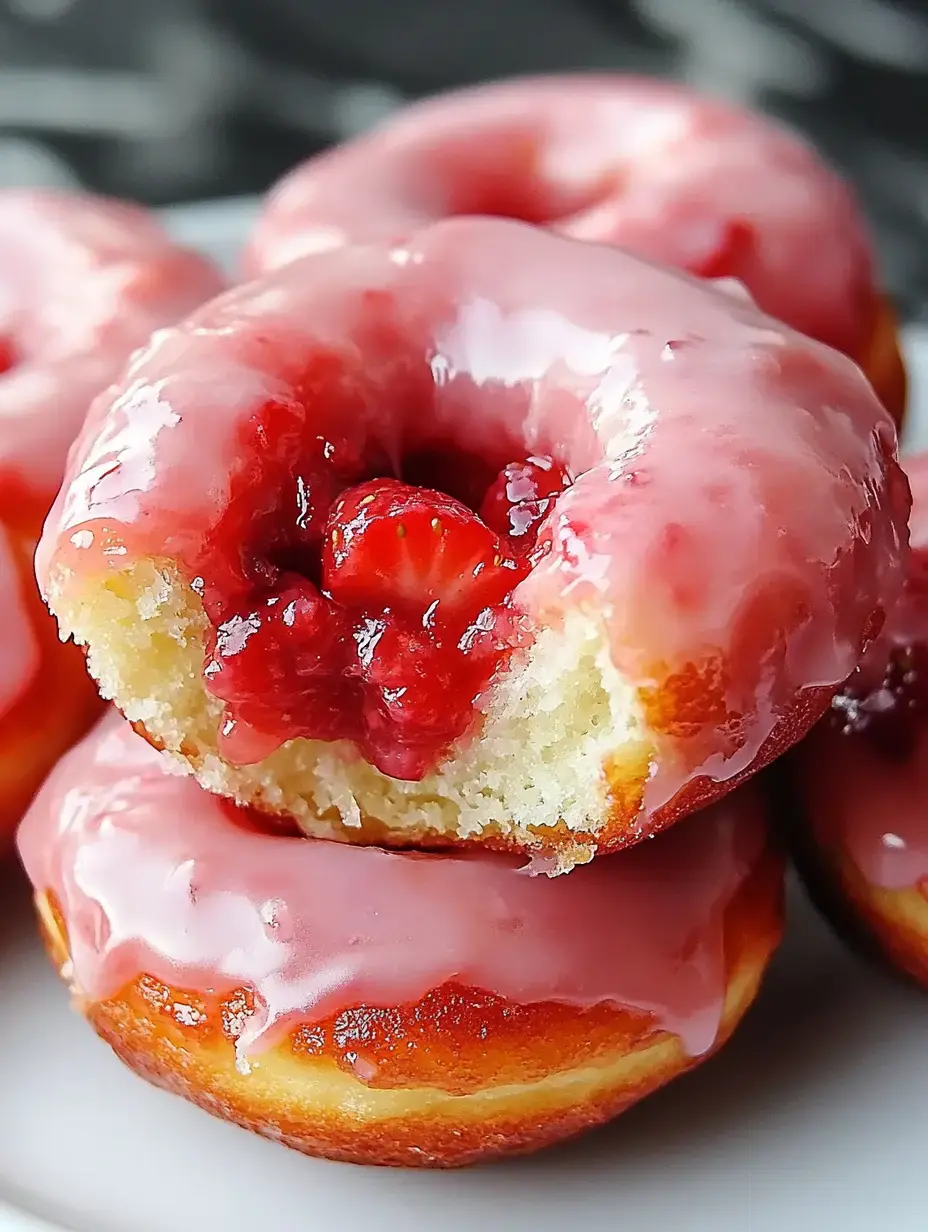 A stack of glazed donuts with pink icing, one partially bitten to reveal a strawberry filling.