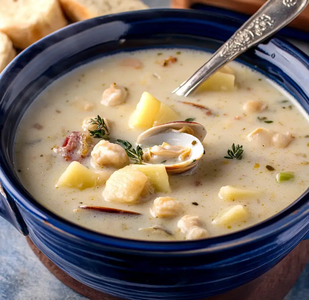 A bowl of creamy clam chowder with potatoes and clams, garnished with thyme, beside pieces of bread.