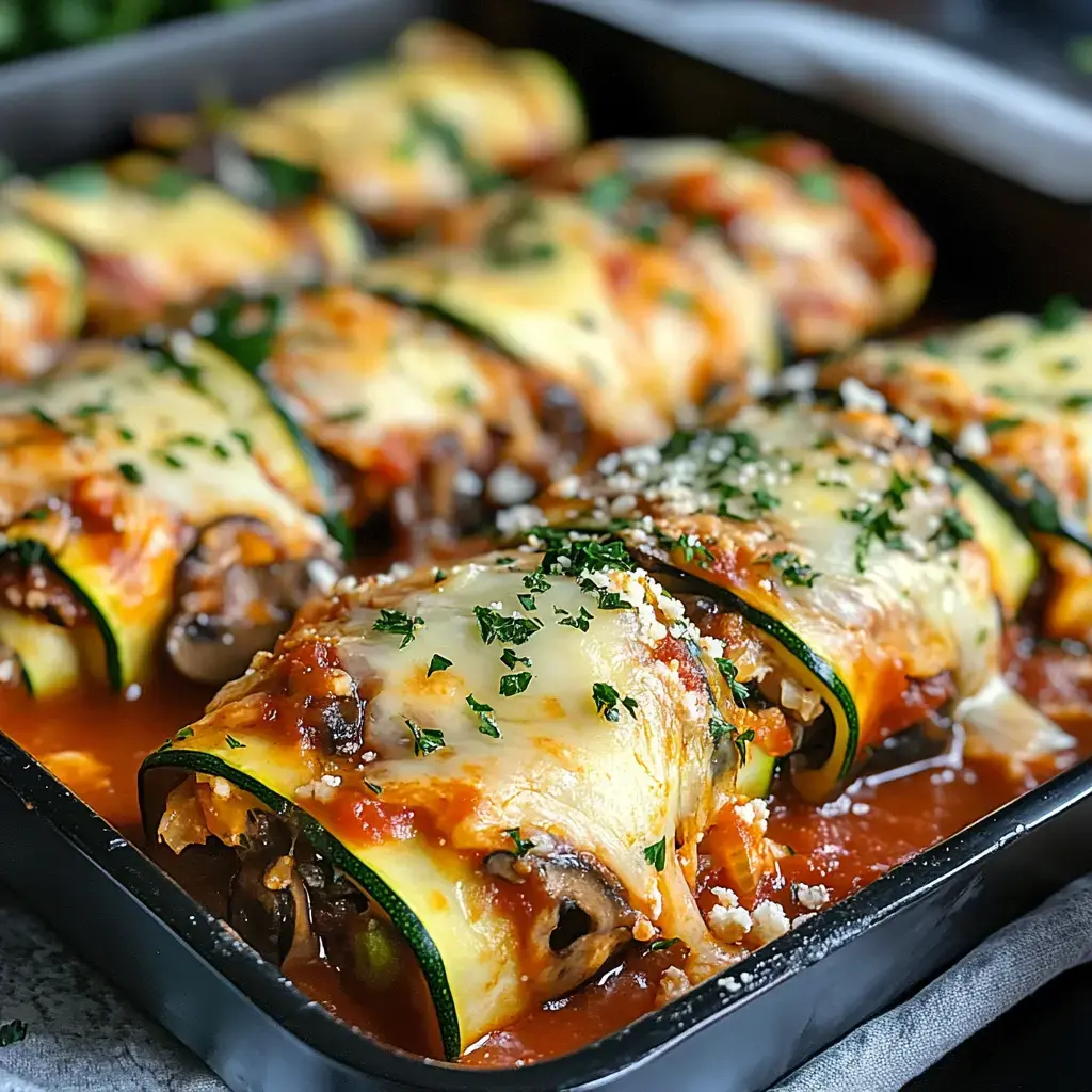 A close-up image of zucchini rolls stuffed with mushrooms and cheese, topped with marinara sauce and garnished with parsley.