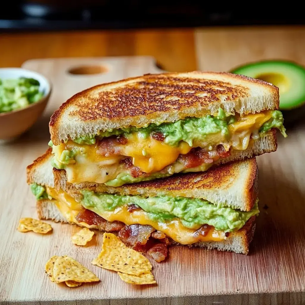 A close-up of a toasted sandwich filled with melted cheese, bacon, and guacamole, served on a wooden board with tortilla chips and a bowl of guacamole in the background.