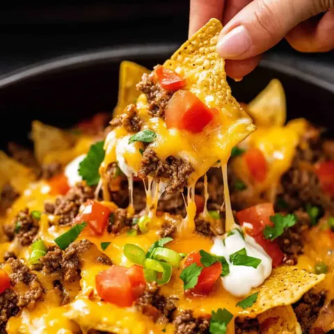 A hand is lifting a chip topped with melted cheese, ground beef, tomatoes, and green onions from a plate of cheesy nachos.