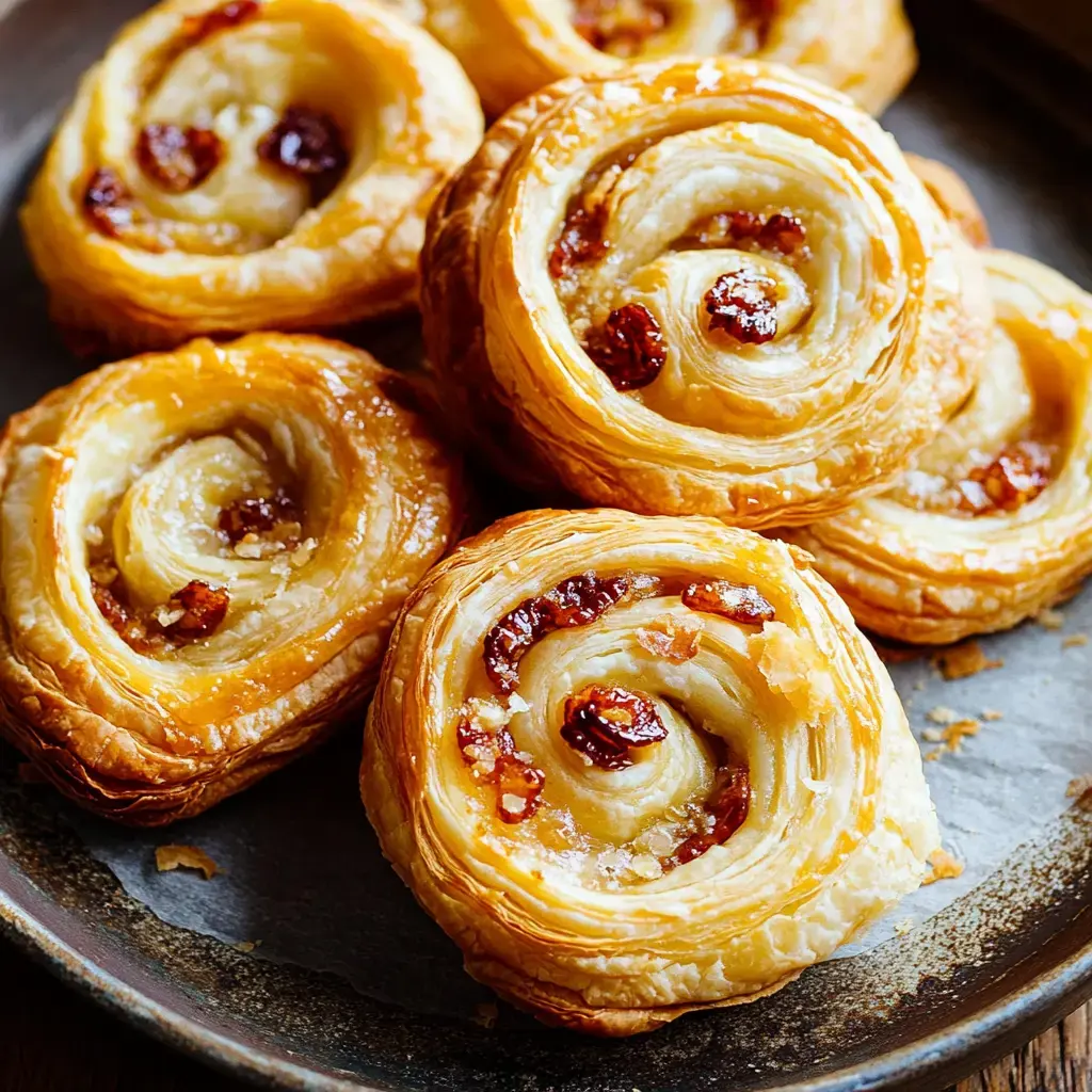 A plate of freshly baked, golden-brown pastry swirls filled with raisins.