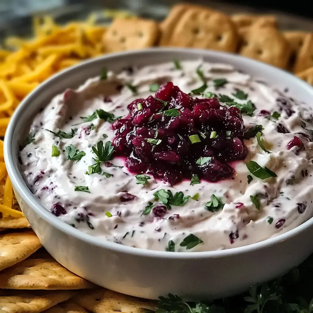 A bowl of creamy dip topped with cranberry sauce and herbs, surrounded by crackers and shredded cheese.