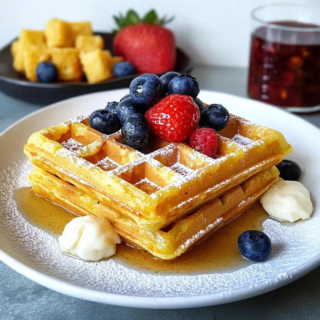 A plate of waffles topped with blueberries, strawberries, and raspberries, drizzled with syrup, with a side of whipped cream and a glass of beverage in the background.